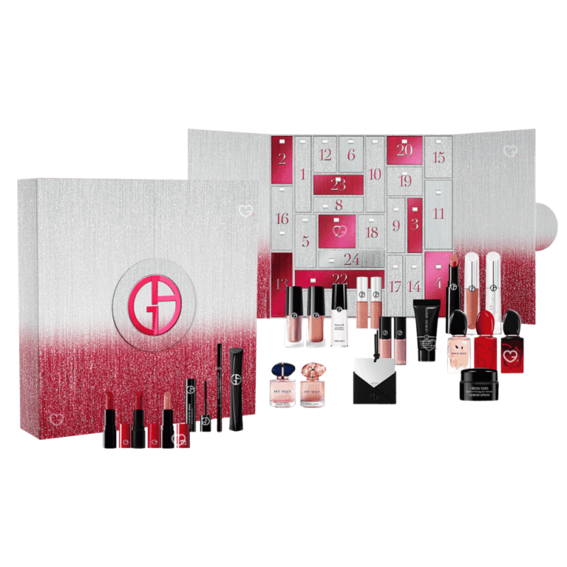 Giorgio Armani Advent Calendar 2025 with 24 luxury beauty surprises including perfumes, makeup, skincare and mirror, perfect for style-conscious women.
