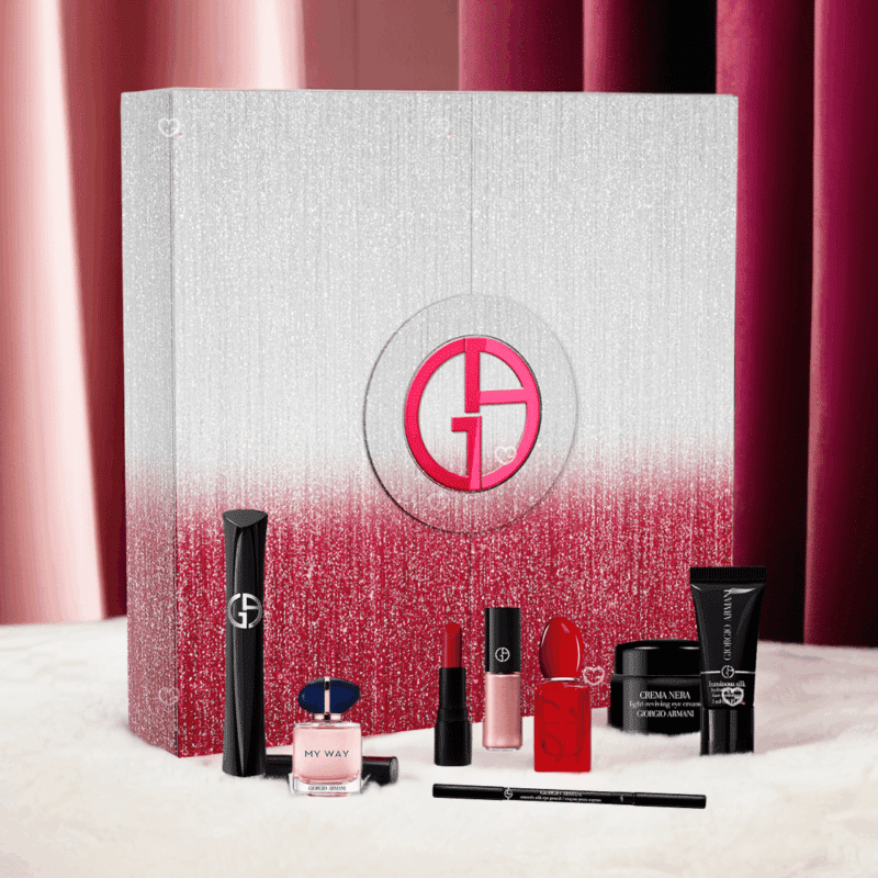 Giorgio Armani Advent Calendar 2025 with 24 luxury beauty surprises including perfumes, makeup, skincare and mirror, perfect for style-conscious women.