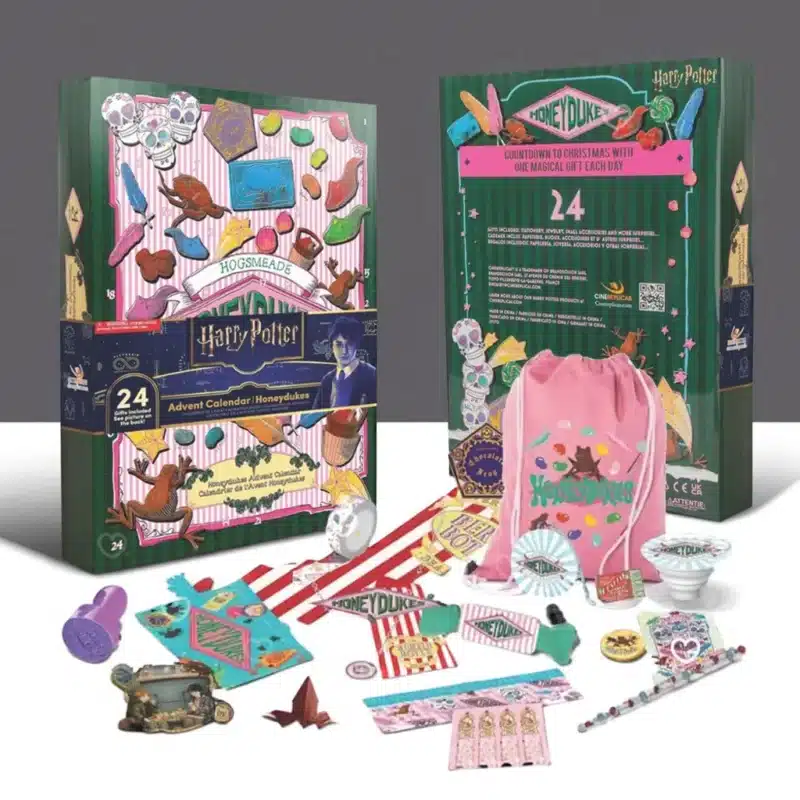 Harry Potter Honeydukes Advent Calendar 2025 with 24 festive collectibles like socks, keychains and puzzles for fans and gift-givers.