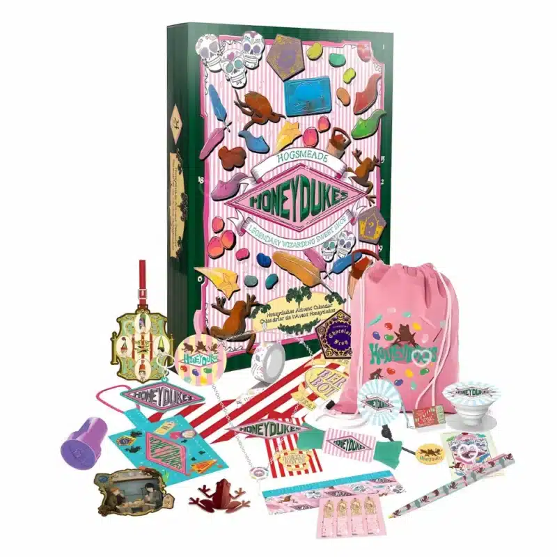 Harry Potter Honeydukes Advent Calendar 2025 with 24 festive collectibles like socks, keychains and puzzles for fans and gift-givers.