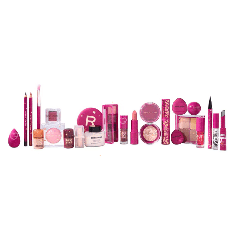 Revolution Advent Calendar 2025 in festive red box with 24 beauty treats for lips, eyes, face and tools.