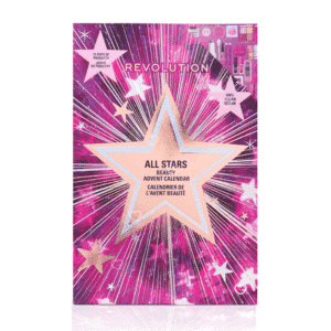 Revolution Advent Calendar 2025 in festive red box with 24 beauty treats for lips, eyes, face and tools.