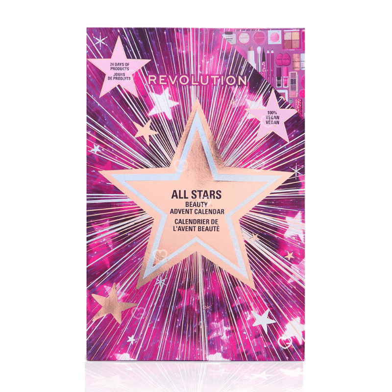Revolution Advent Calendar 2025 in festive red box with 24 beauty treats for lips, eyes, face and tools.