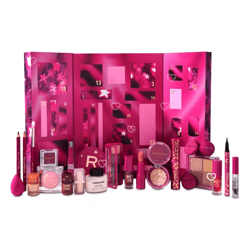 Revolution Advent Calendar 2025 in festive red box with 24 beauty treats for lips, eyes, face and tools.