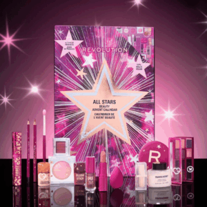 Revolution Advent Calendar 2025 in festive red box with 24 beauty treats for lips, eyes, face and tools.