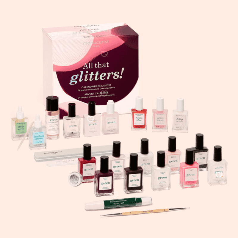 Manucurist Advent Calendar 2025 in festive gold box with 24 vegan nail polishes, care treatments and tools.