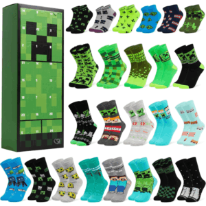 Minecraft Socks Advent Calendar 2025 with 24 colourful Minecraft-themed sock pairs, festive Christmas gift for kids, teens and gaming fans.