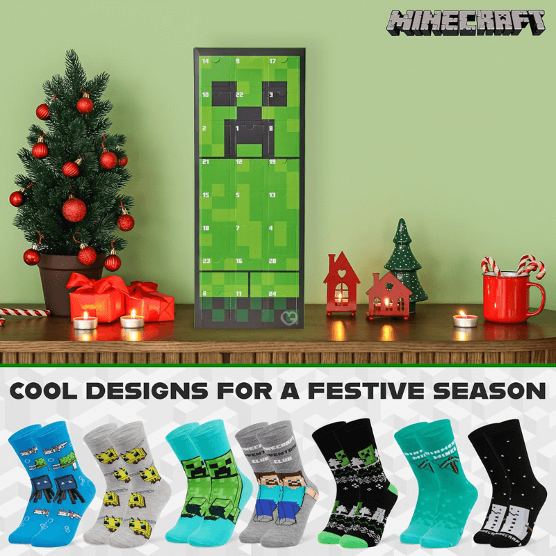 Minecraft Socks Advent Calendar 2025 with 24 colourful Minecraft-themed sock pairs, festive Christmas gift for kids, teens and gaming fans.