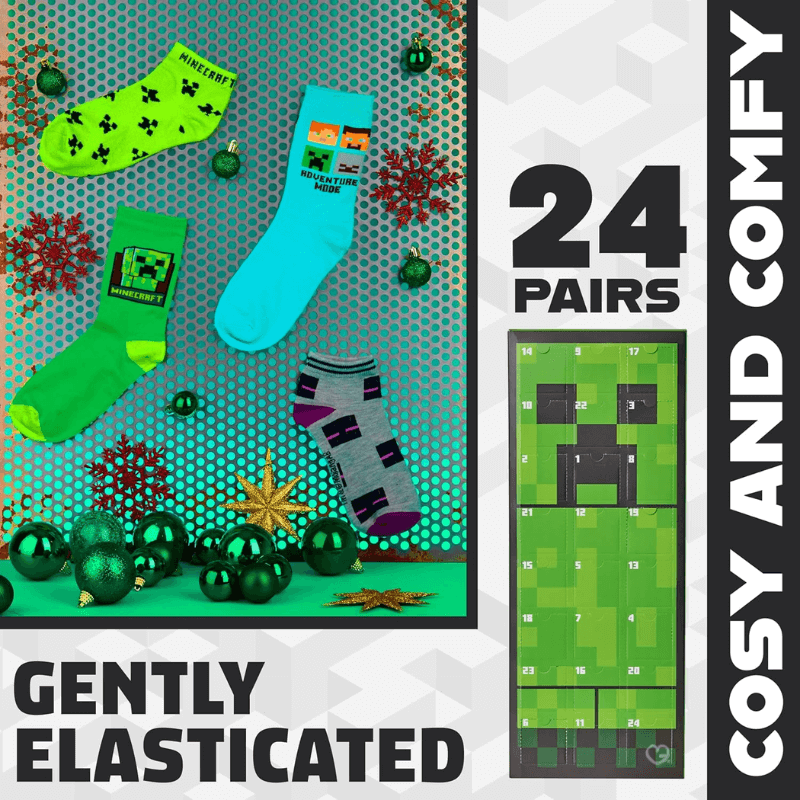 Minecraft Socks Advent Calendar 2025 with 24 colourful Minecraft-themed sock pairs, festive Christmas gift for kids, teens and gaming fans.