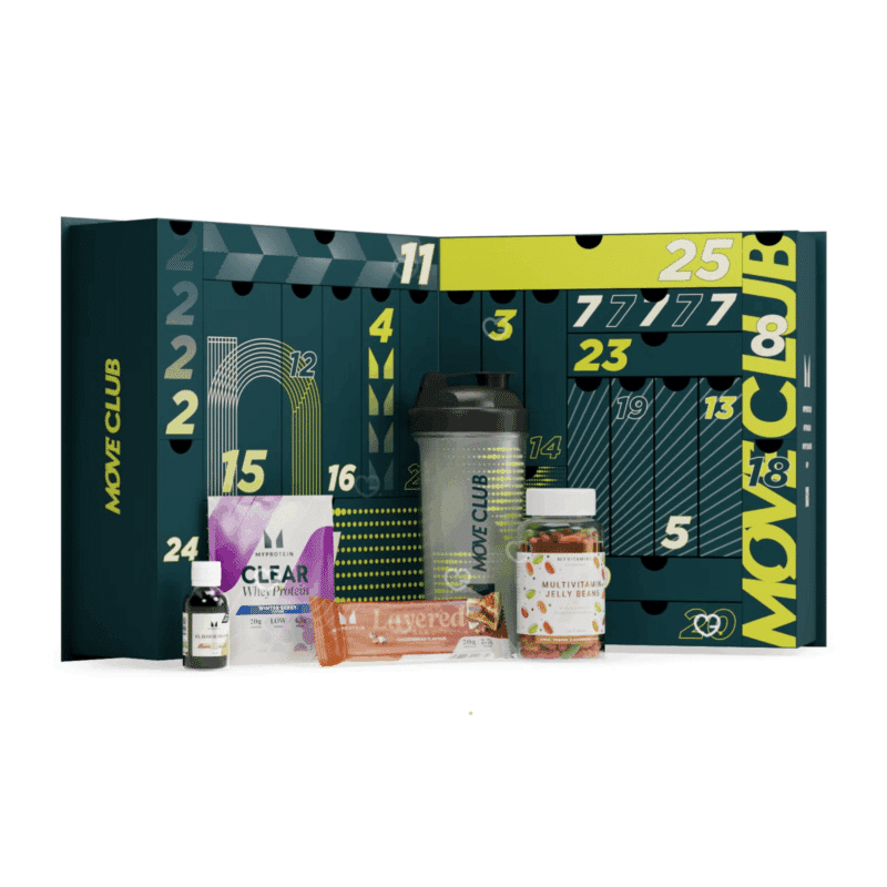 Myprotein Advent Calendar 2025 in festive red design with 25 protein snacks, supplements and fitness accessories.