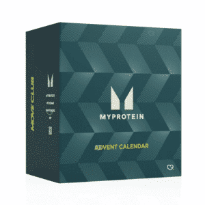 Myprotein Advent Calendar 2025 in festive red design with 25 protein snacks, supplements and fitness accessories.