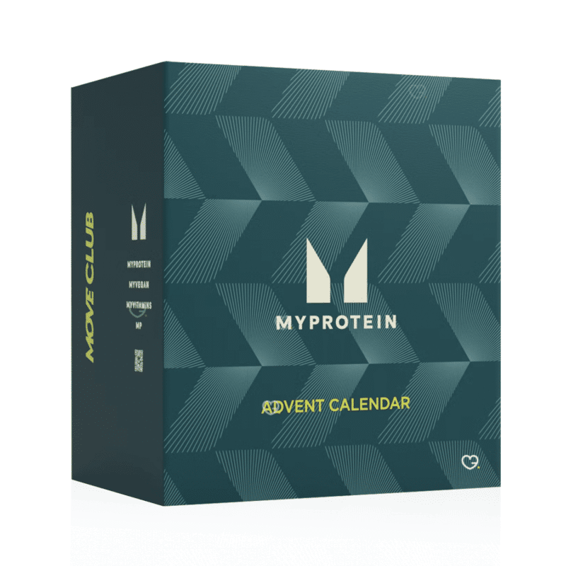 Myprotein Advent Calendar 2025 in festive red design with 25 protein snacks, supplements and fitness accessories.