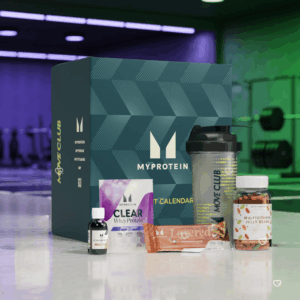 Myprotein Advent Calendar 2025 in festive red design with 25 protein snacks, supplements and fitness accessories.