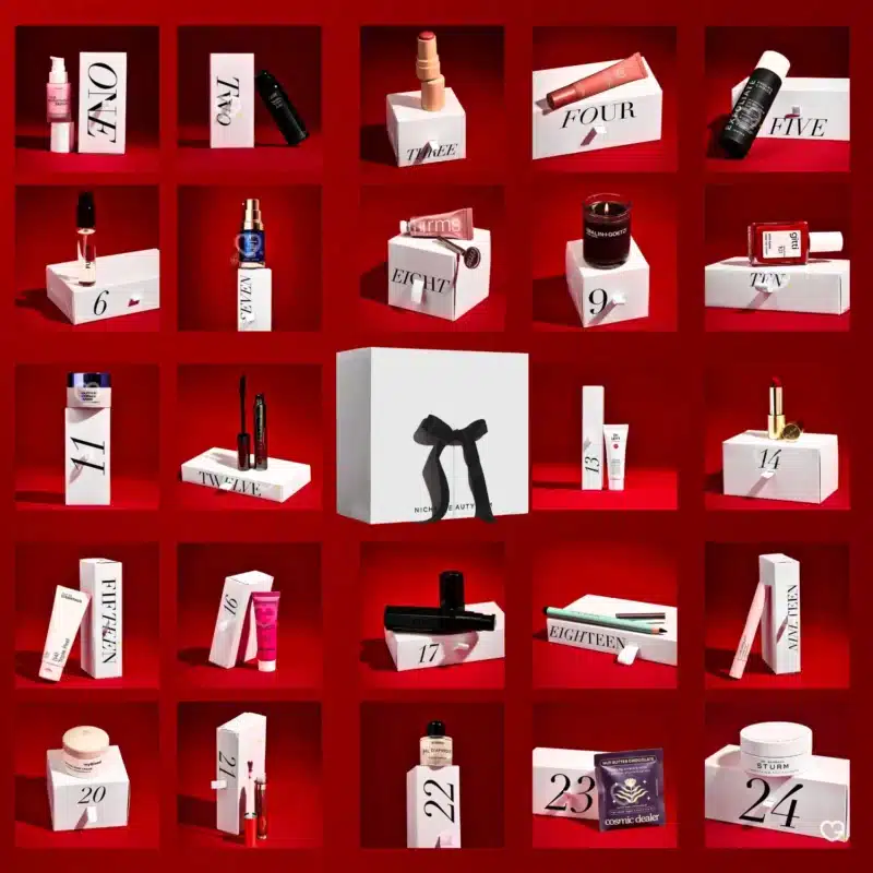 Niche Beauty Advent Calendar 2025 with 24 luxury skincare, makeup, haircare and bath products, perfect for beauty enthusiasts.
