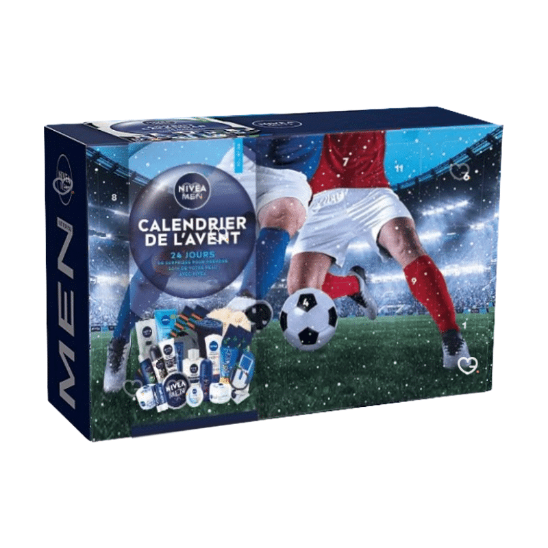 Nivea Men Advent Calendar 2025 with 24 grooming essentials and festive gifts in a blue holiday box.