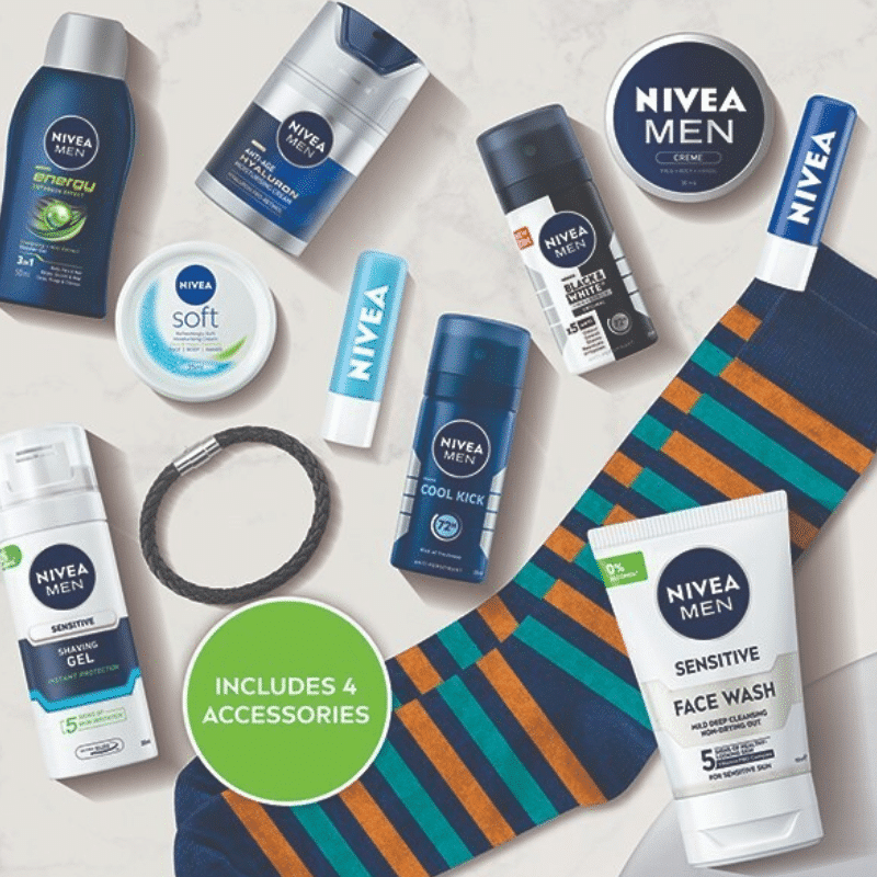 Nivea Men Advent Calendar 2025 with 24 grooming essentials and festive gifts in a blue holiday box.