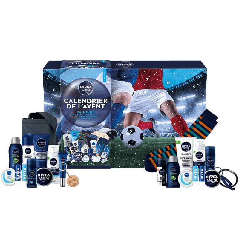 Nivea Men Advent Calendar 2025 with 24 grooming essentials and festive gifts in a blue holiday box.