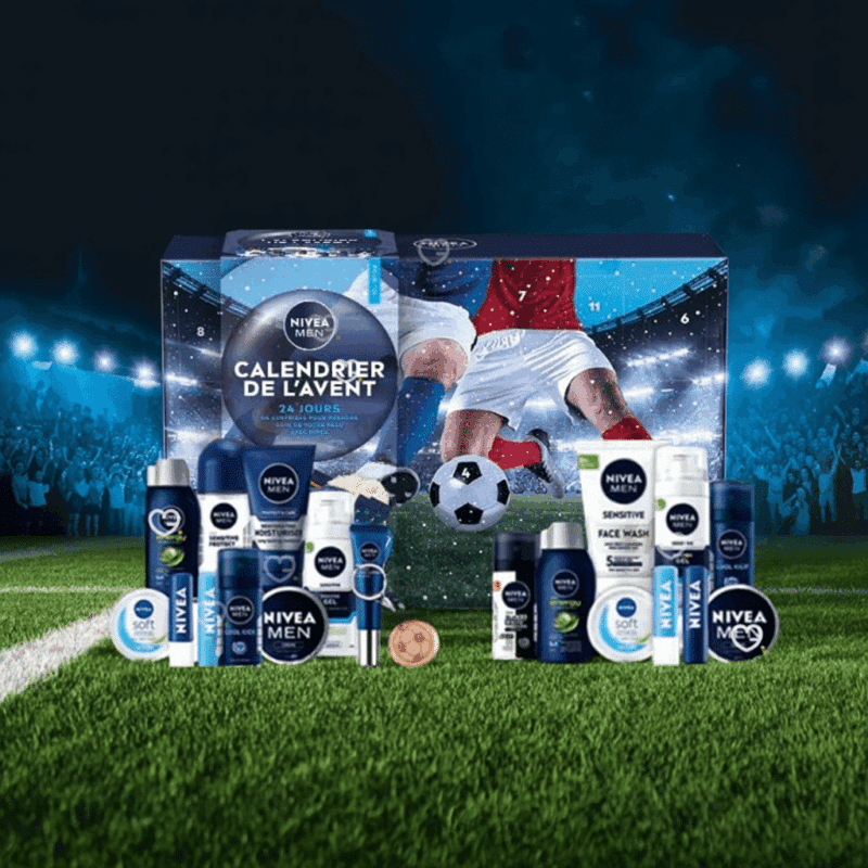 Nivea Men Advent Calendar 2025 with 24 grooming essentials and festive gifts in a blue holiday box.