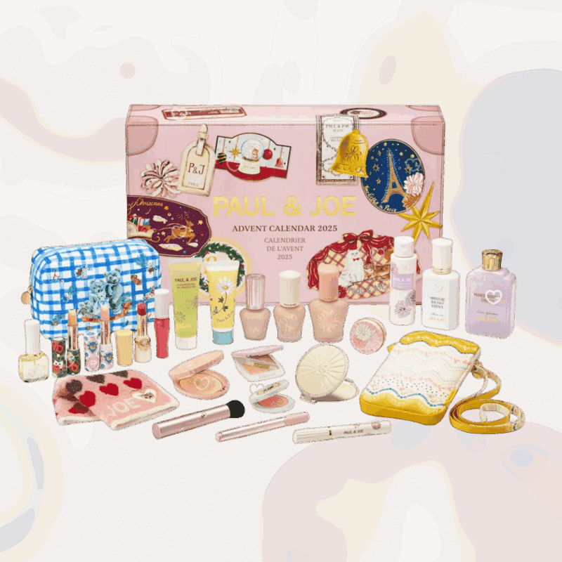 Paul & Joe Advent Calendar 2025 in festive box with 24 beauty treats including primers, lipsticks and skincare.