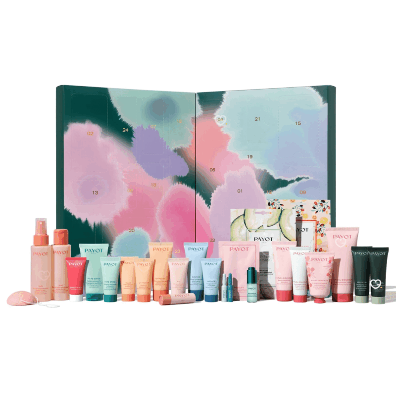 Payot Advent Calendar 2025 in festive box with 24 skincare, body and hair treats including masks, creams and serums.