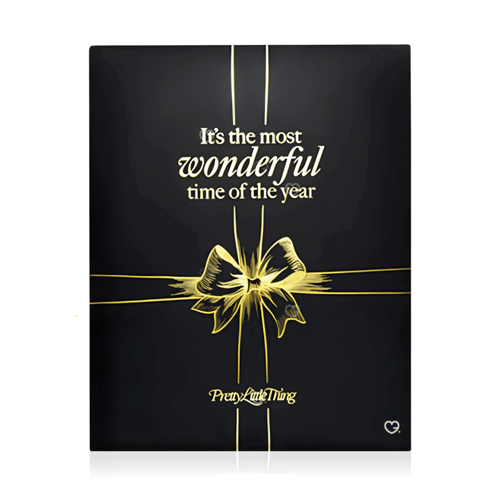 Prettylittlething Advent Calendar 2025 in pink festive box with 24 beauty treats including skincare, makeup and haircare.
