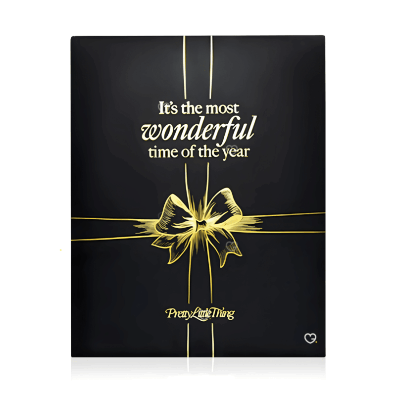 Prettylittlething Advent Calendar 2025 in pink festive box with 24 beauty treats including skincare, makeup and haircare.
