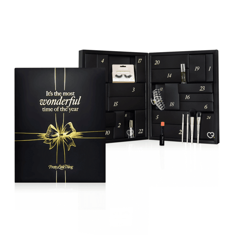 Prettylittlething Advent Calendar 2025 in pink festive box with 24 beauty treats including skincare, makeup and haircare.