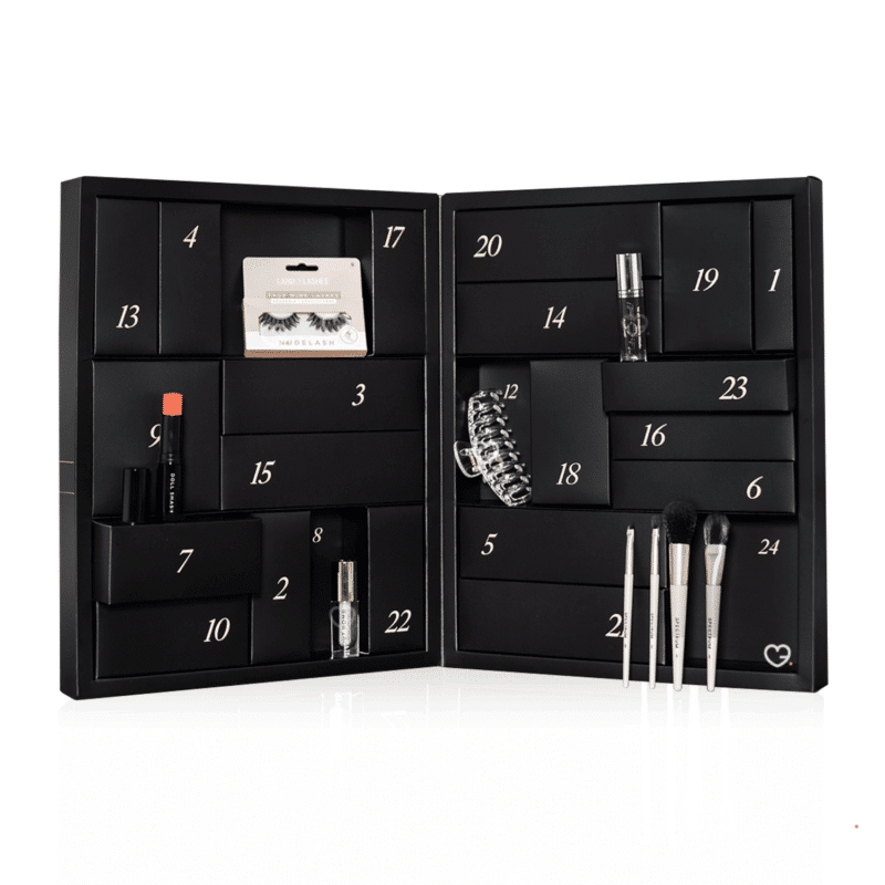 Prettylittlething Advent Calendar 2025 in pink festive box with 24 beauty treats including skincare, makeup and haircare.