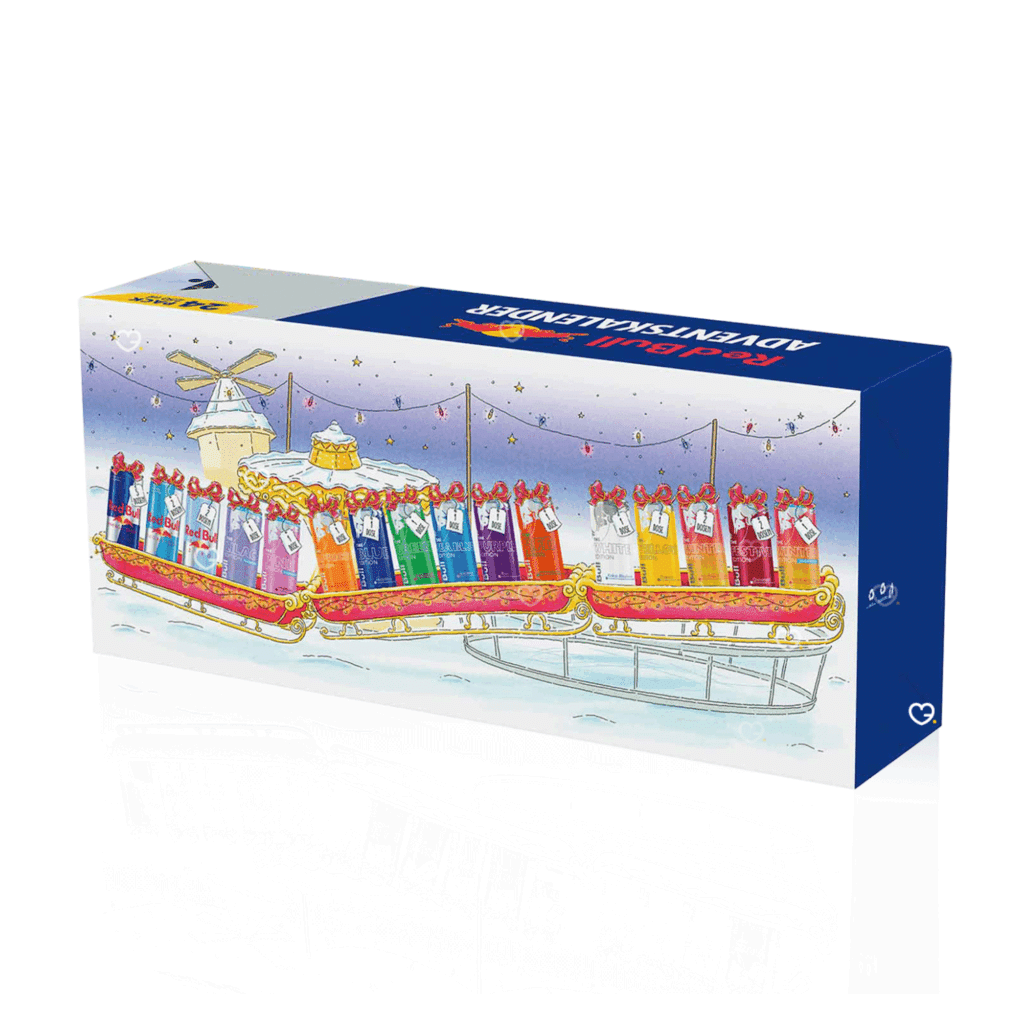 Red Bull Advent Calendar 2025 with 24 cans in 16 flavours, festive red design with snowflakes and gold accents.