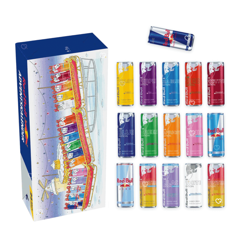 Red Bull Advent Calendar 2025 with 24 cans in 16 flavours, festive red design with snowflakes and gold accents.