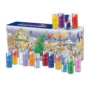 Red Bull Advent Calendar 2025 with 24 cans in 16 flavours, festive red design with snowflakes and gold accents.