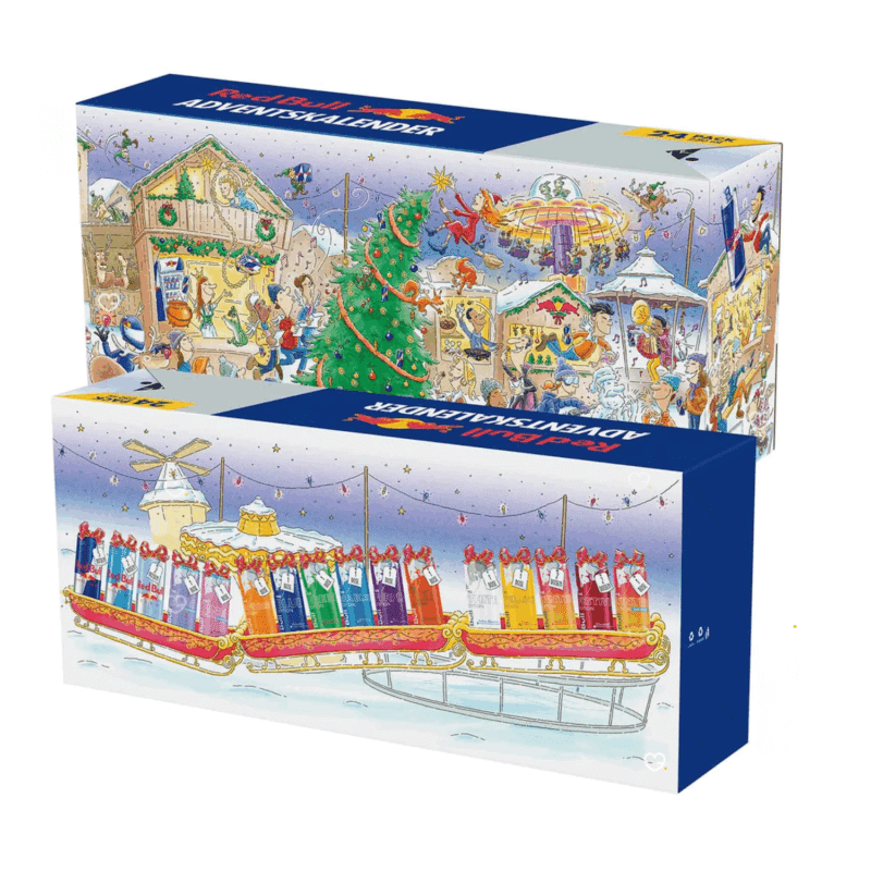 Red Bull Advent Calendar 2025 with 24 cans in 16 flavours, festive red design with snowflakes and gold accents.
