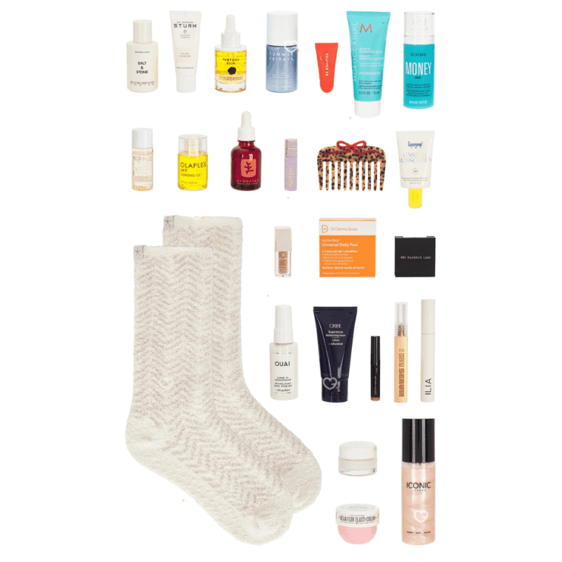 Revolve Advent Calendar 2025 with 25 luxury beauty treats including skincare, makeup, haircare, body care and cosy socks for beauty lovers.