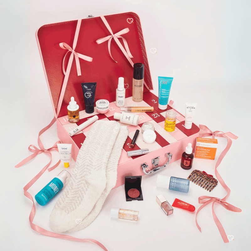 Revolve Advent Calendar 2025 with 25 luxury beauty treats including skincare, makeup, haircare, body care and cosy socks for beauty lovers.