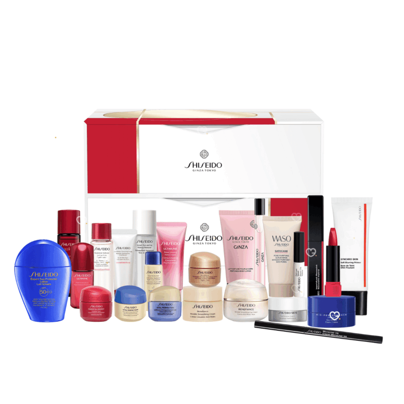 Shiseido Advent Calendar 2025 in red festive box with 24 skincare, makeup, bodycare and fragrance surprises.