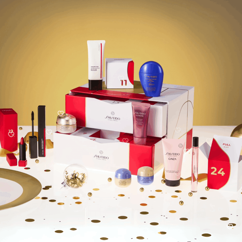 Shiseido Advent Calendar 2025 in red festive box with 24 skincare, makeup, bodycare and fragrance surprises.
