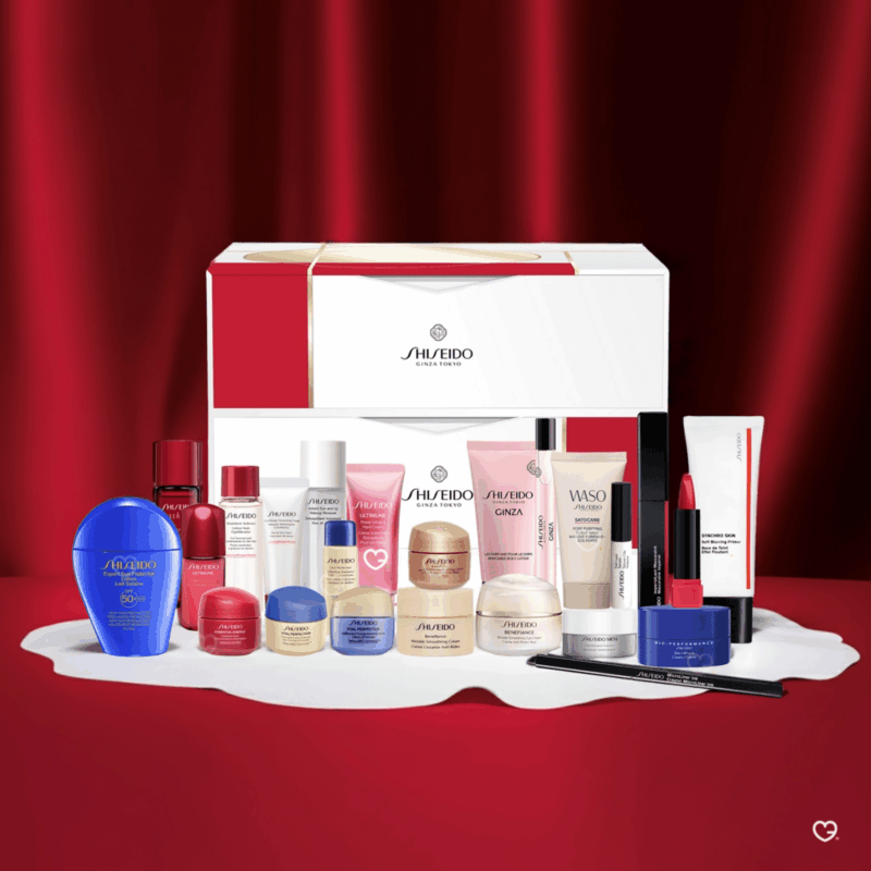 Shiseido Advent Calendar 2025 in red festive box with 24 skincare, makeup, bodycare and fragrance surprises.