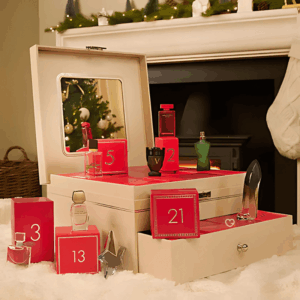 The Perfume shop Advent Calendar 2025 in a red festive box with 24 luxury mini perfumes and built‑in mirror.