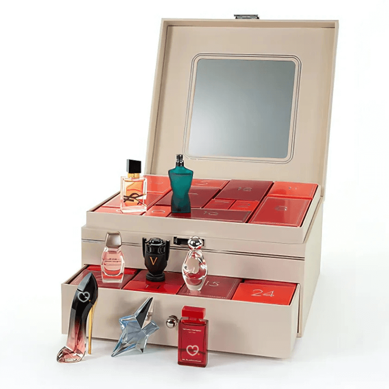The Perfume shop Advent Calendar 2025 in a red festive box with 24 luxury mini perfumes and built‑in mirror.