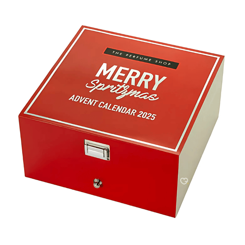 The Perfume shop Advent Calendar 2025 in a red festive box with 24 luxury mini perfumes and built‑in mirror.