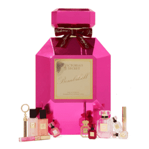 Victoria's Secret Advent Calendar 2025 in pink festive box with 12 Bombshell perfumes, glosses and mini accessories.