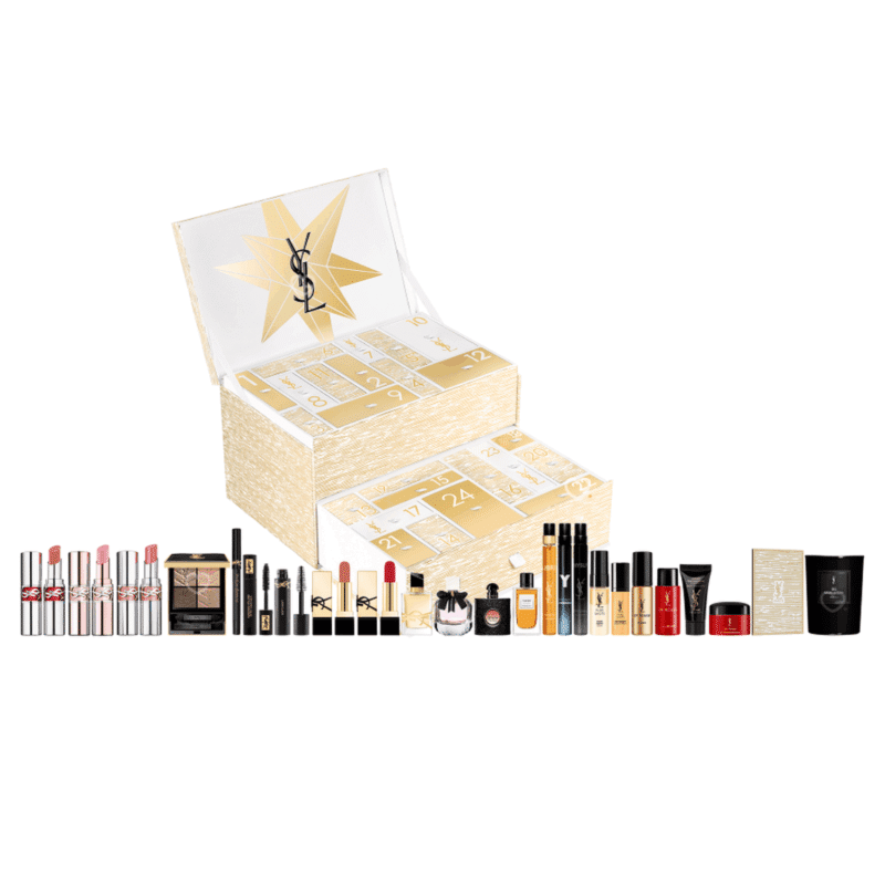 YSL Beauty Advent Calendar 2025 in red festive box with 24 luxury minis, full-size lipsticks, perfume and skincare.