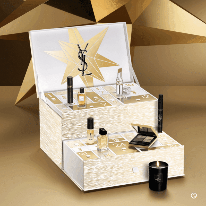 YSL Beauty Advent Calendar 2025 in red festive box with 24 luxury minis, full-size lipsticks, perfume and skincare.