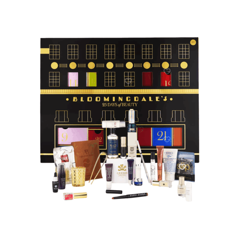 Bloomingdales Advent Calendar 2025 in red festive box with 27 luxury beauty treats from La Mer, Jo Malone and more.