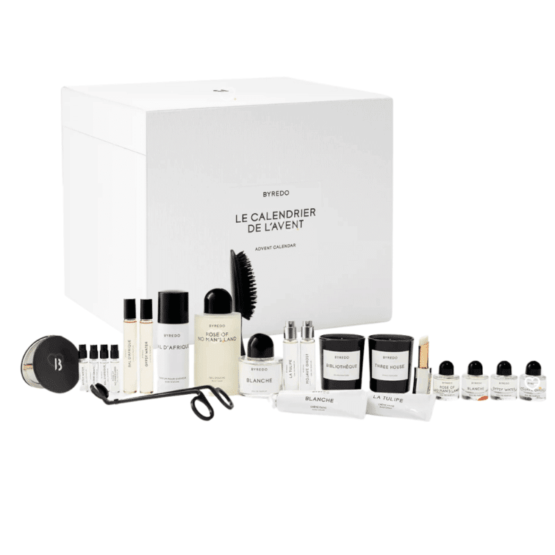 Byredo Advent Calendar 2025 with 24 perfumes, candles, skincare and luxury accessories in festive design for beauty lovers.