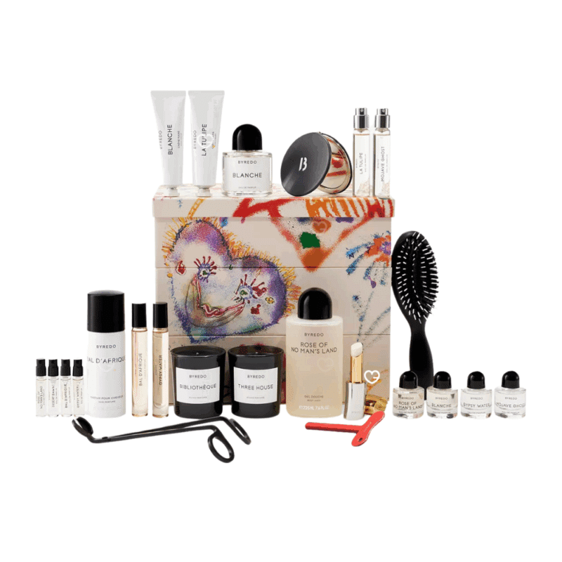 Byredo Advent Calendar 2025 with 24 perfumes, candles, skincare and luxury accessories in festive design for beauty lovers.