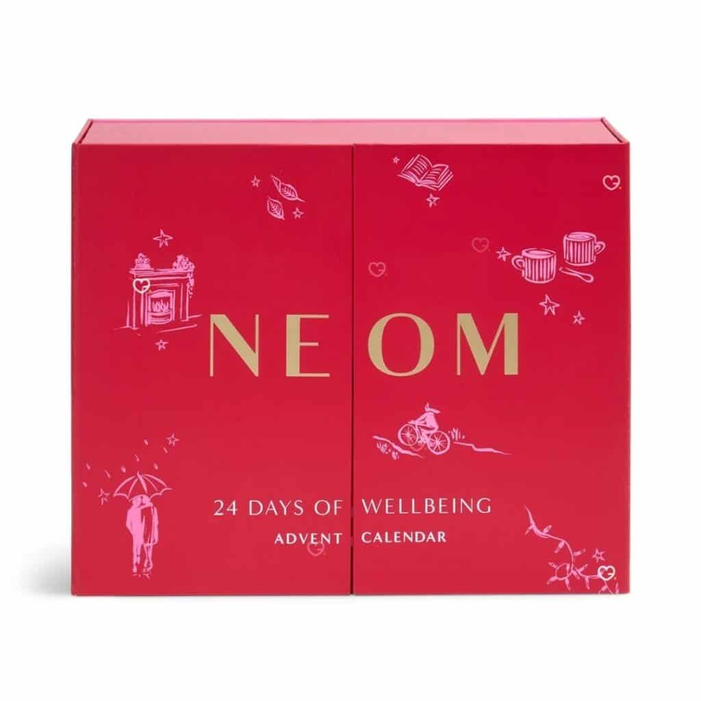 Neom Advent Calendar 2026 closed red box, 24 Days of Wellbeing advent calendar
