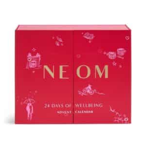 Neom Advent Calendar 2026 closed red box, 24 Days of Wellbeing advent calendar
