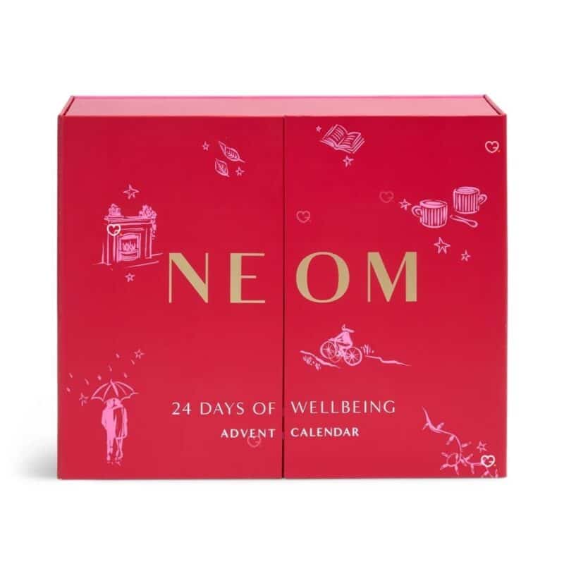 Neom Advent Calendar 2026 closed red box, 24 Days of Wellbeing advent calendar