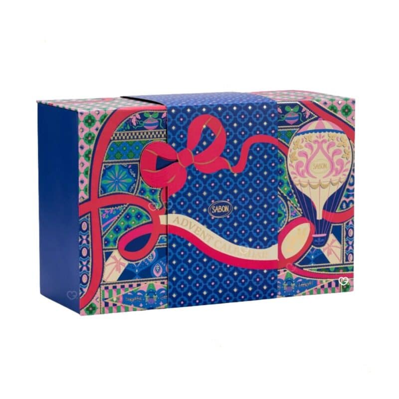 Sabon Advent Calendar 2026 A World of Wonders closed royal-blue chest with hot air balloon design
